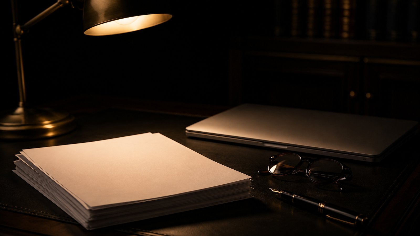 Documents on a desk beside a laptop