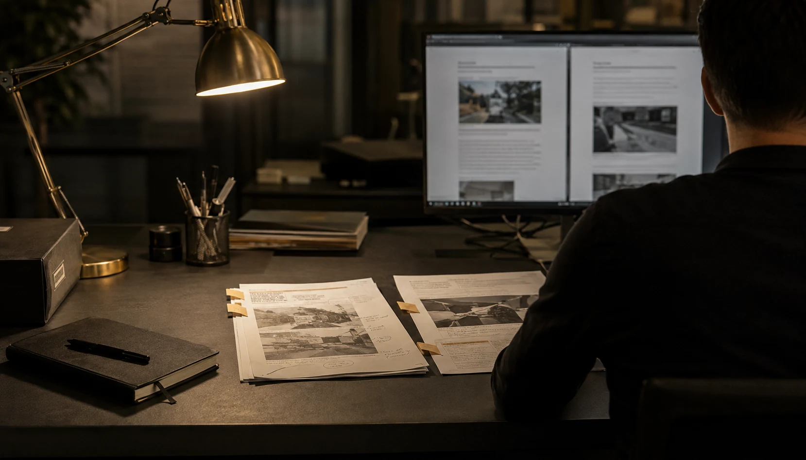 Illustrative research scene: an analyst comparing documentary sources