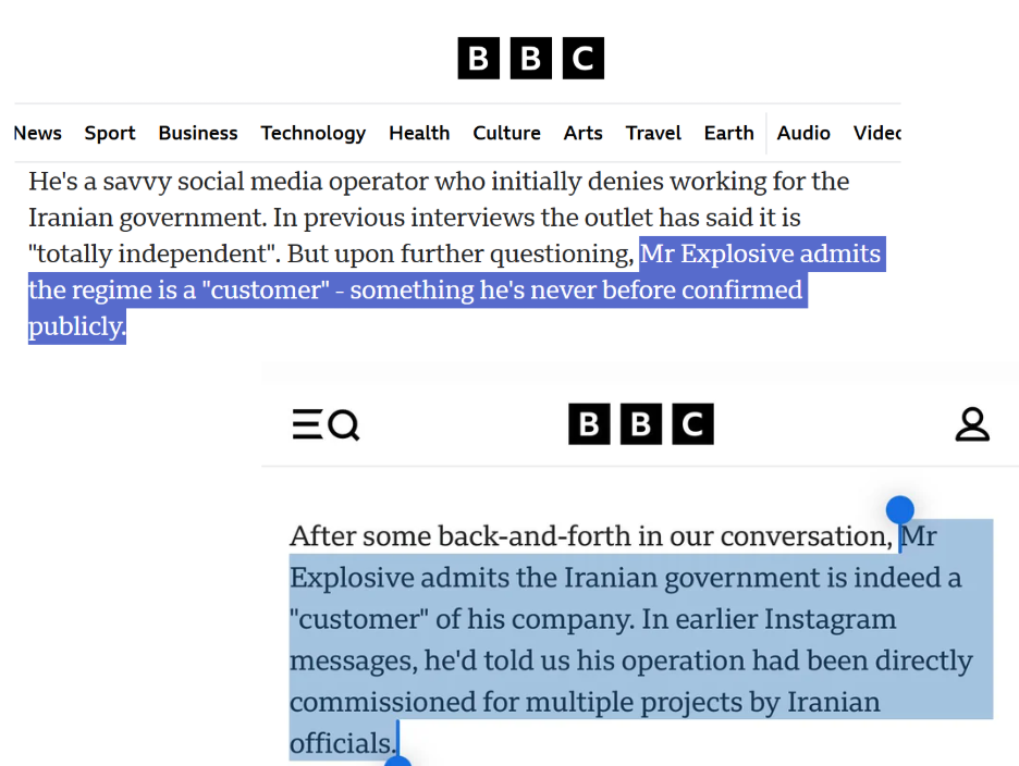 BBC excerpt: Mr Explosive admits the Iranian government is a 'customer' of his company, directly commissioned for multiple projects by Iranian officials.