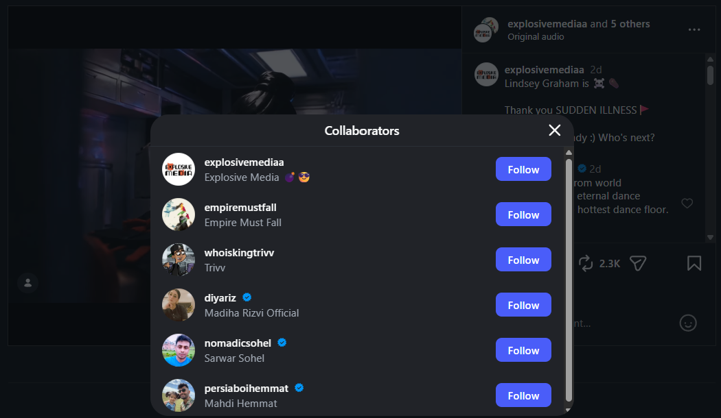 Instagram Collaborators list on the Graham 'Who's next?' post naming explosivemediaa and persiaboihemmat.
