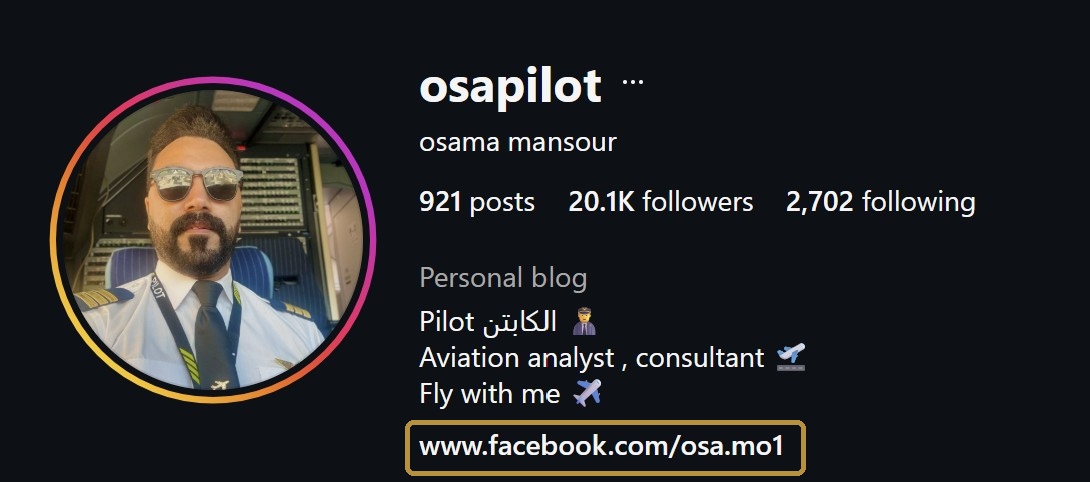 Instagram profile with follower count and Facebook link