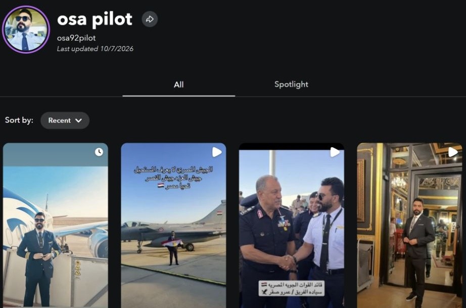 Snapchat osa92pilot profile and content grid showing the matching flag-and-fighter scene and officer encounter