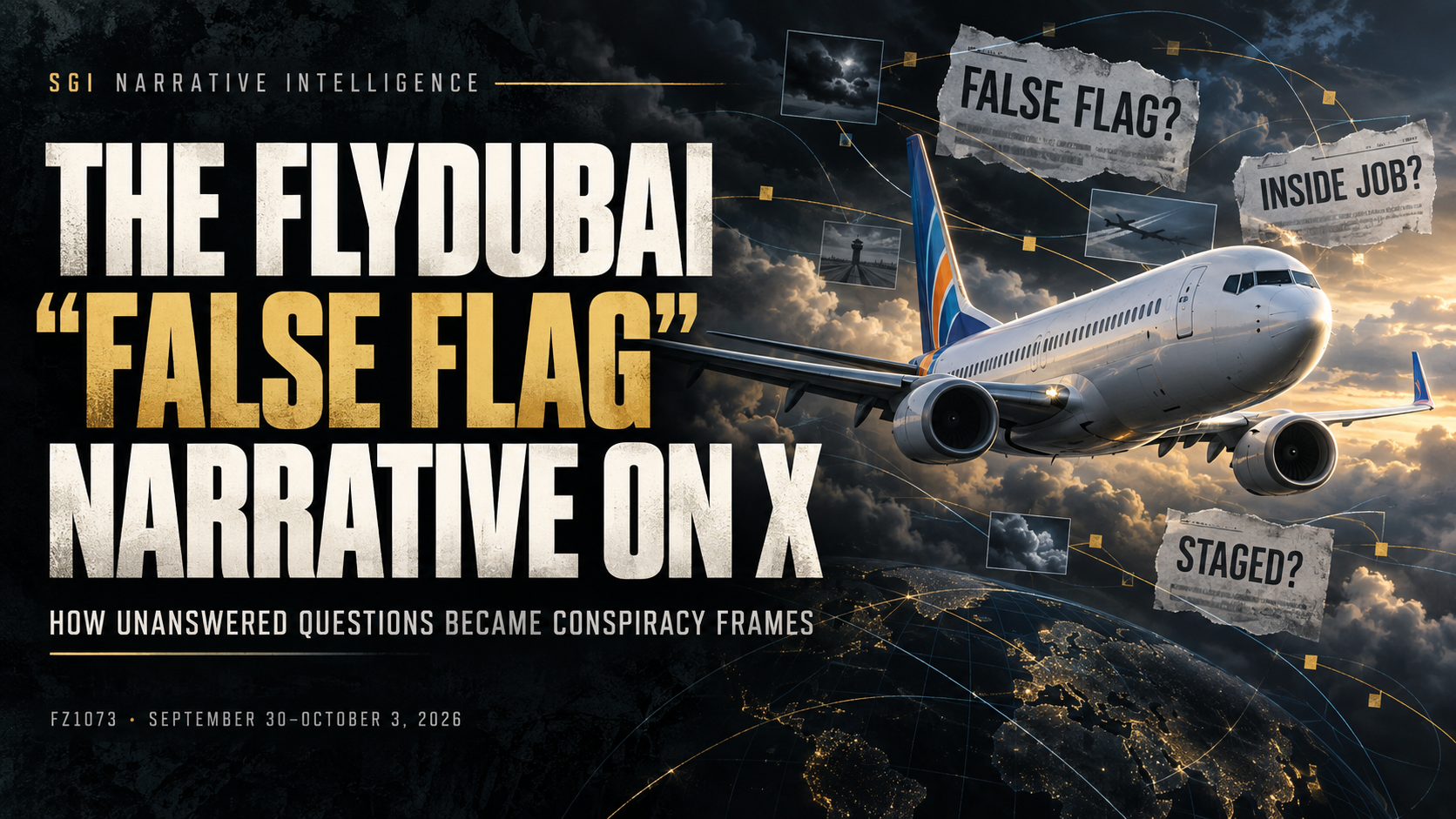 AI-generated editorial report cover: The FlyDubai False Flag Narrative on X, with an illustrated aircraft and question-marked false flag, inside job and staged claim fragments. Not incident photography.