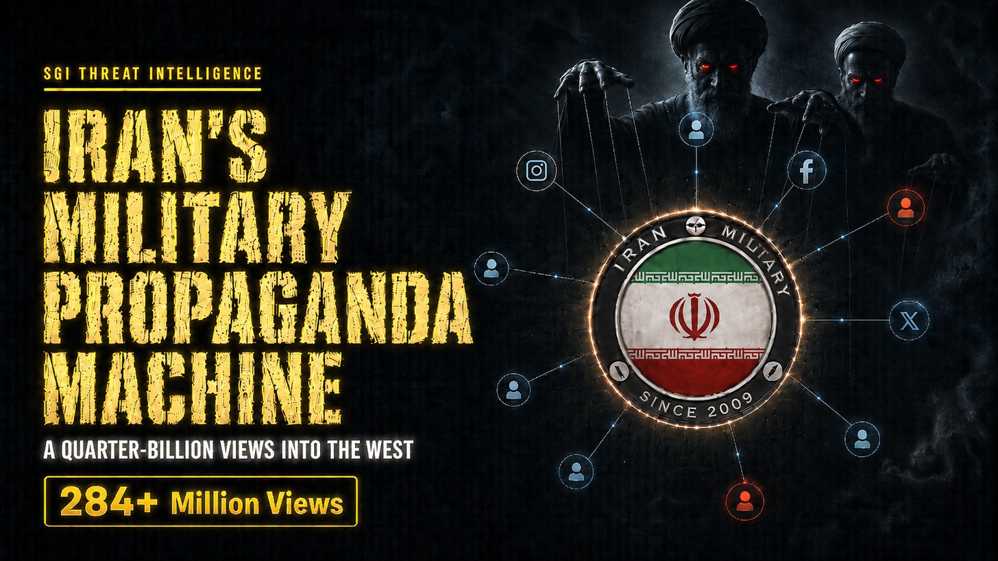 Report cover, 'Iran's Military Propaganda Machine': the circular Iran Military emblem at the center of a network of platform icons (Instagram, Facebook, X) and person nodes, with two shadowy turbaned figures pulling puppet strings above it; overlaid text reads 'A quarter-billion views into the West' and '284+ Million Views.'