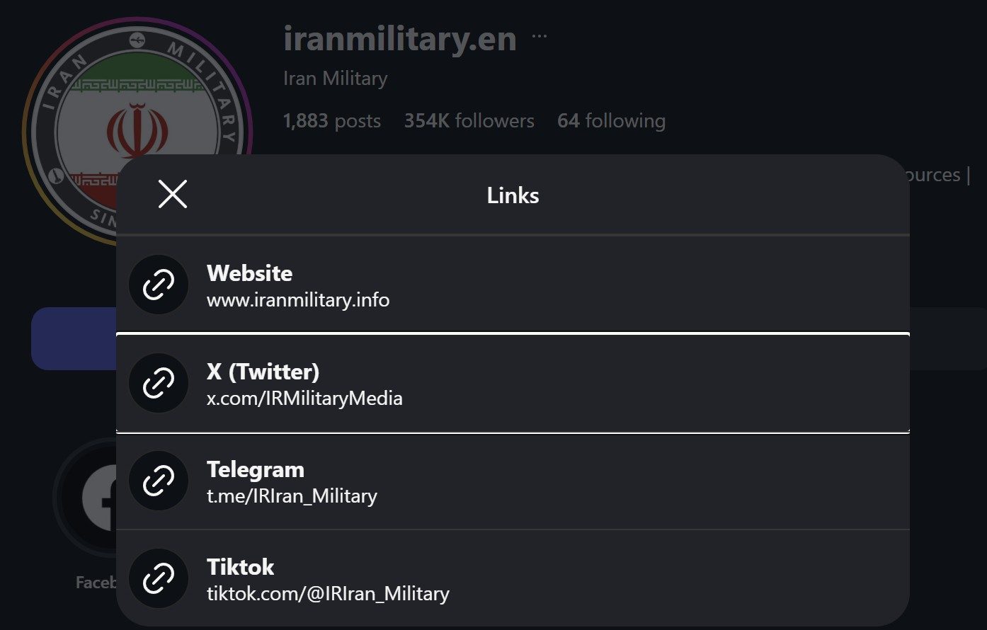 Instagram 'Links' panel for iranmilitary.en listing Website www.iranmilitary.info, X (Twitter) x.com/IRMilitaryMedia, Telegram t.me/IRIran_Military, and Tiktok tiktok.com/@IRIran_Military.