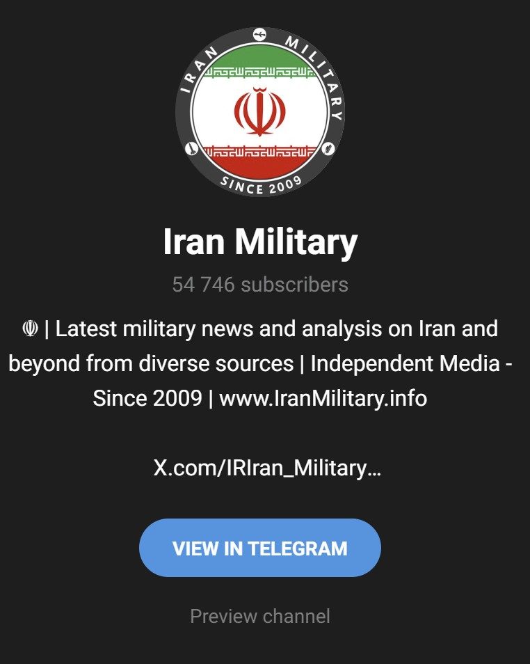 Telegram channel 'Iran Military,' 54,746 subscribers, same emblem and 'Latest military news and analysis on Iran and beyond | Independent Media - Since 2009 | www.IranMilitary.info'.