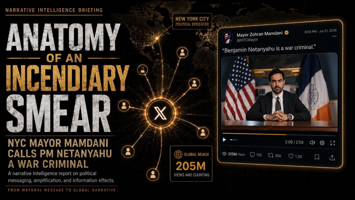 The mayor's video statement captured in situ on X and Bluesky at the three-hour mark, on a dark intelligence-report cover.