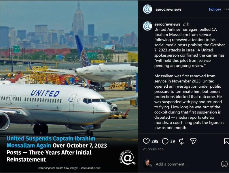 The Aero Crew News Instagram post about United suspending Captain Ibrahim Mossallam