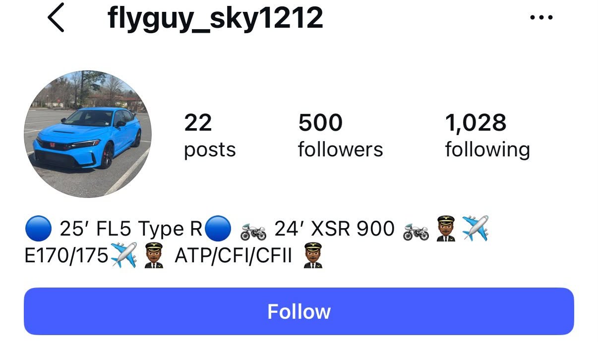The flyguy_sky1212 Instagram profile: 22 posts, 500 followers, blue Civic Type R avatar, bio listing E170/175 and ATP/CFI/CFII