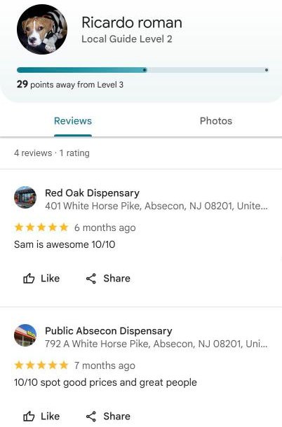 Google Maps reviewer profile Ricardo Roman, Local Guide Level 2, with five-star reviews at Red Oak Dispensary and Public Absecon Dispensary