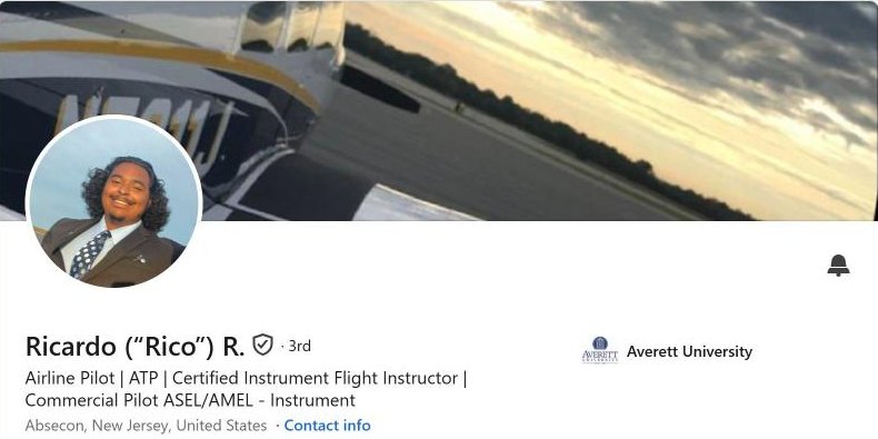LinkedIn header: Ricardo R., Airline Pilot, ATP, Certified Instrument Flight Instructor, Commercial Pilot ASEL/AMEL, Absecon, New Jersey, Averett University