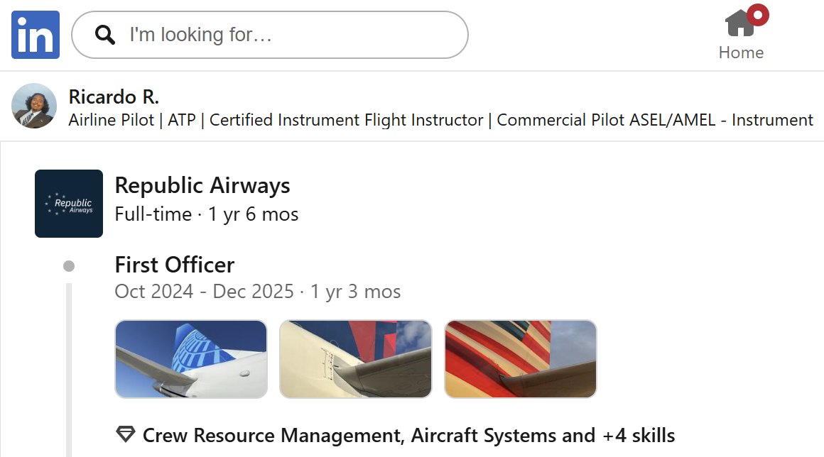 LinkedIn experience block: Republic Airways, First Officer, Oct 2024 to Dec 2025, with Republic Airways logo