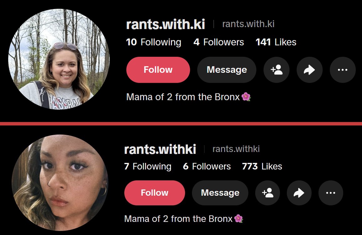 Two TikTok profiles, rants.with.ki and rants.withki, carrying the identical biography Mama of 2 from the Bronx