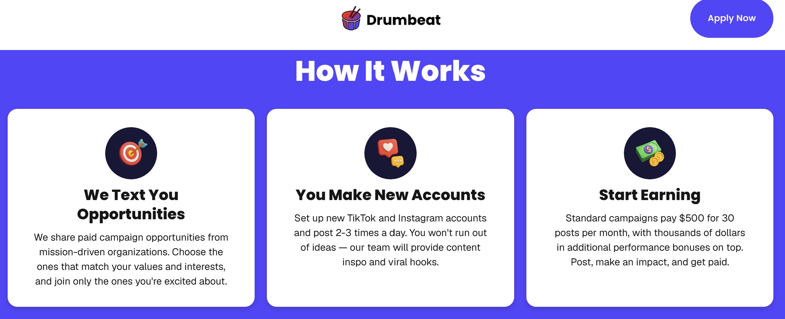 Drumbeat How It Works: we text you opportunities, you make new accounts, start earning