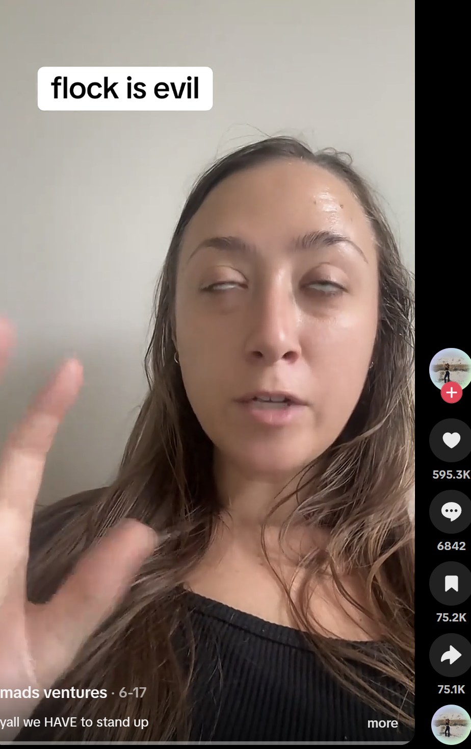 mads_ventures TikTok post, on-screen text reading flock is evil, 595,300 likes