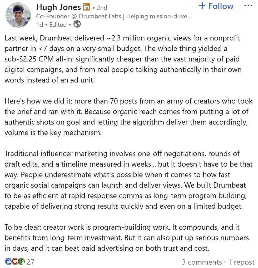 LinkedIn post by Hugh Jones describing 2.3 million organic views in under seven days