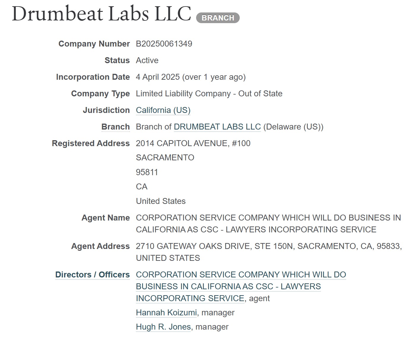 California registry entry naming Hannah Koizumi and Hugh R. Jones as managers
