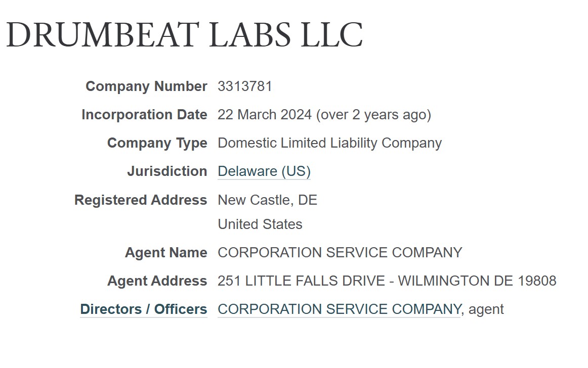 Delaware registry entry for Drumbeat Labs LLC