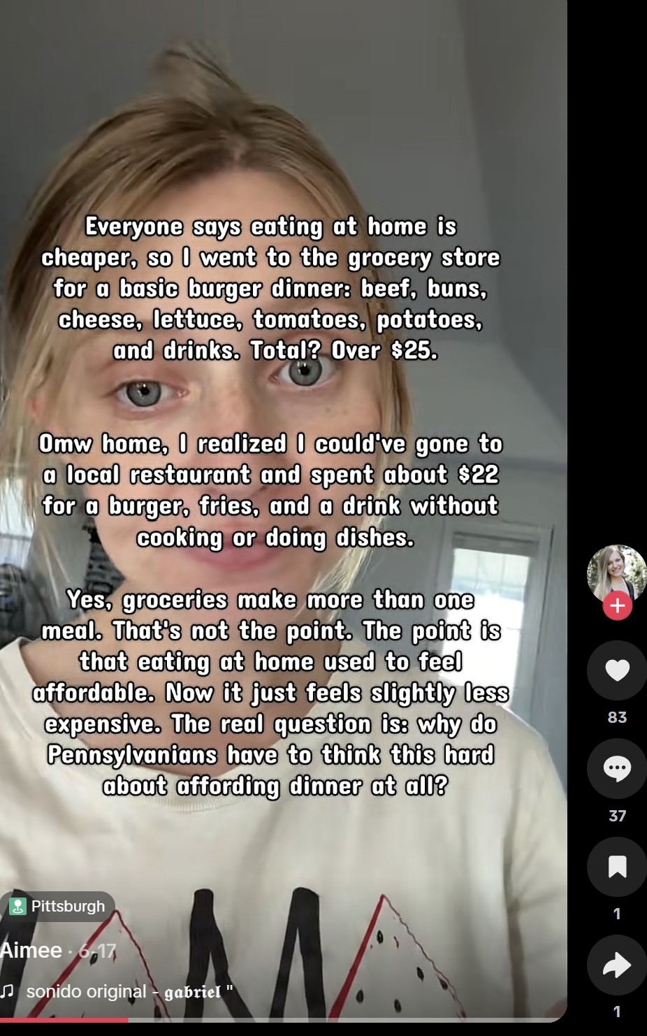 TikTok post by Aimee, Pittsburgh, 17 June, identical on-screen text